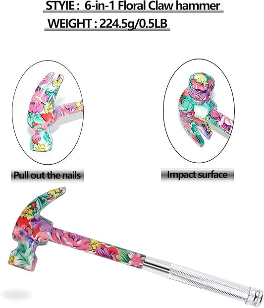 6-in-1 Multifunctional Metal Flower Hammer & Screwdriver Tool Set, Slotted/Flat Head Phillips Screwdriver Nail Puller with Non Slip Handle, Best Gift for Sweetheart (pink)