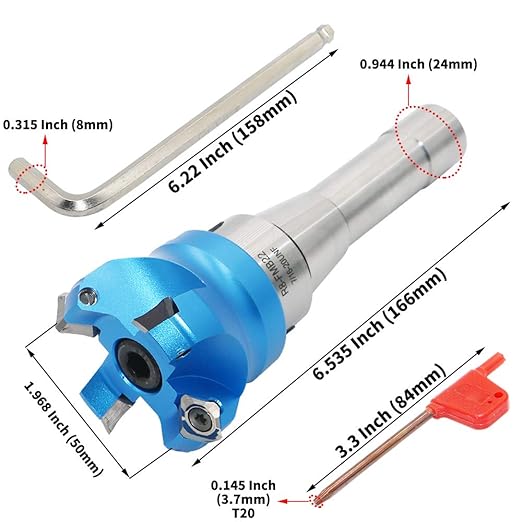2 Inch Face Milling Cutter Aluminum KM12 50MM CNC End Milling Cutter Holder + R8-FMB22 Shank Face Shell Mill Arbor + 4pcs SEHT1204 Carbide Inserts + 8mm Hexagon Wrench + T20 Wrench CNC Machine Tools