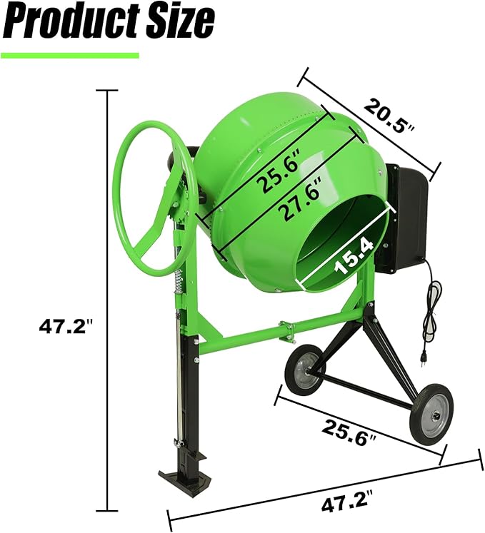Concrete Mixer 6.4 Cu Ft 180L Electric Power Cement Mixer 800W Wheelbarrow Mixing Machine with Stand And Wheels for Stucco, Mortar, Seed