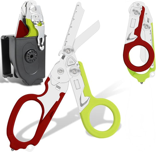 6-in-1 Heavy Duty Emergency/Trauma Shears, with Carbide Glass Breaker, Ring Cutter, Foldable, Stainless Steel Multi-Purpose Scissors for Hospital, Home, Camping, and Travel Rescue Tools (Red+Green)