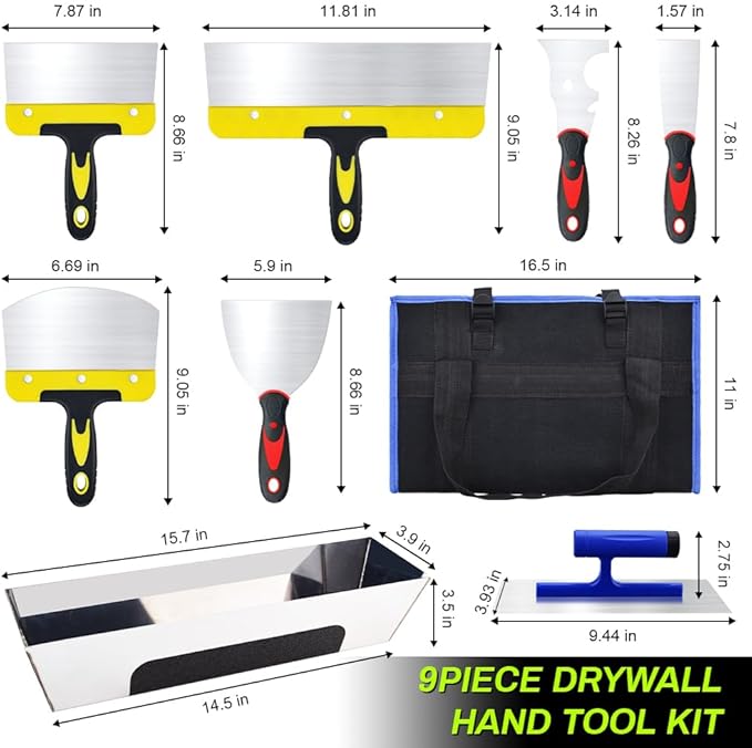 Drywall Knife Set, 9 Pieces Stainless Steel Drywall Hand Tool Kit Includes Taping Knife, Putty Knives, Finishing Trowel, Paint Scraper, 14in Stainless Steel Mud Pan, Blue handbag