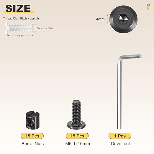 METALLIXITY Furniture Crib Screws Replacement Set with Wrench(M6-1x16mm) 30Pcs, Connector Bolt M6 Screw Barrel Nuts Binding Screws, for Chair Cabinet Bed, Black