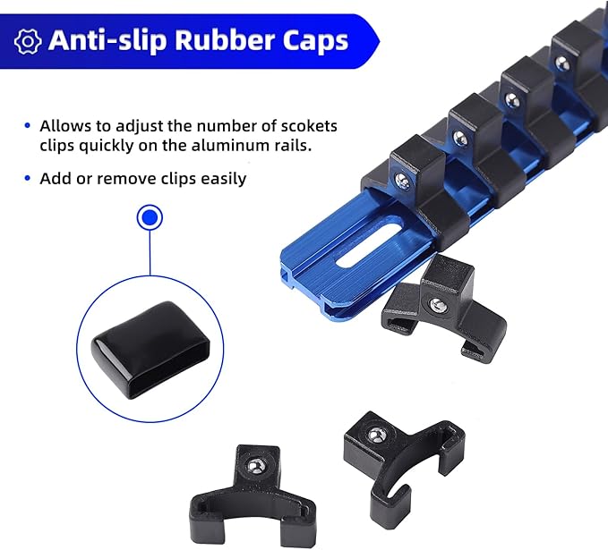 ALOANES 3-Piece Aluminum Alloy Socket Organizer, Heavy Duty Socket Racks, Socket Holder Kit for Toolbox Drawer Fit 1/2, 3/8, 1/4-Inch Socket Holder x 58 Clips (Blue)