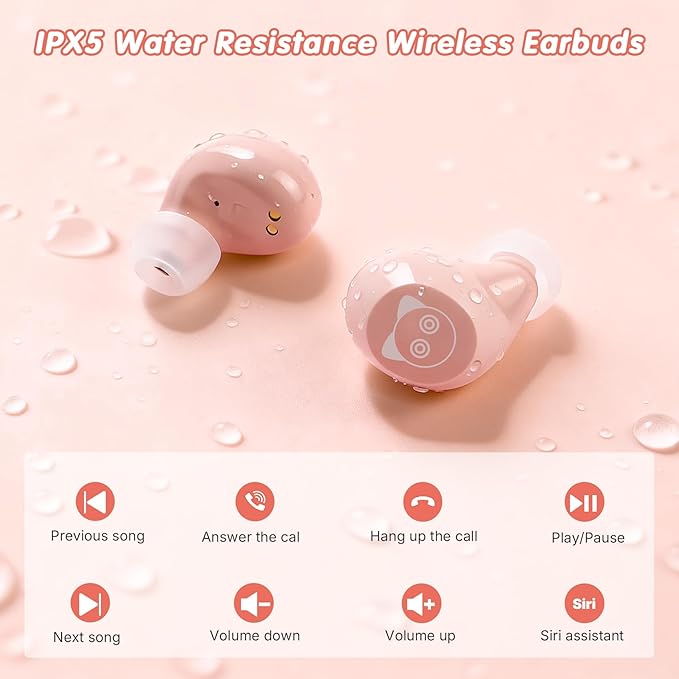 Bluetooth headphones, Bluetooth 5.3 Headphones HiFi Stereo, True Wireless Earbuds, LED Digital Display Wireless Earpods, Ear Buds with Microphone, IPX5 Waterproof Earbuds for School/Sport(Pink Cat)