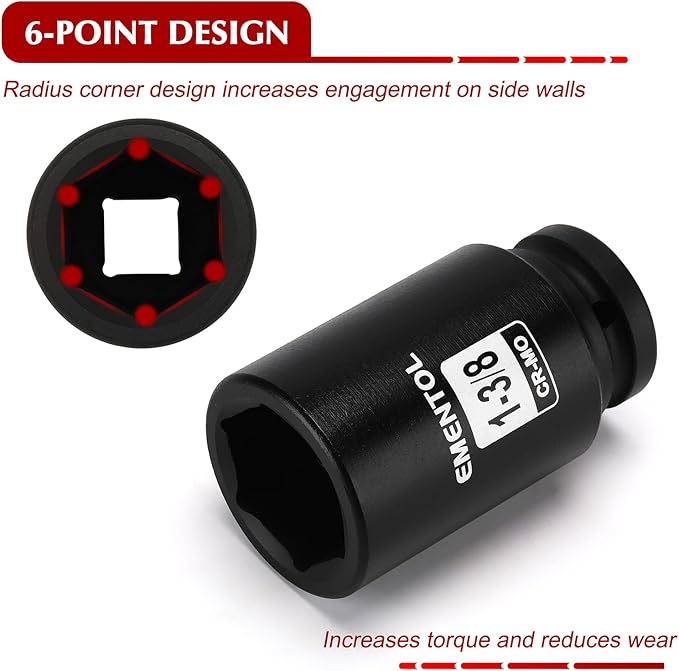 EMENTOL 3/4" Drive Deep Impact Socket Set,13 Pieces Jumbo Sockets, SAE (3/4" to 1-9/16") with 1/2"F to 3/4"M Adapter, 6-Point, CR-MO Steel