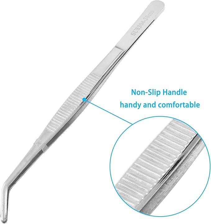 1Pcs 8 Inch Stainless Steel Tweezer, Long Tweezers with Precision Serrated Curved Tips, Non-slip Multitool Tweezer for Cooking, Repairing, Medical, Garden