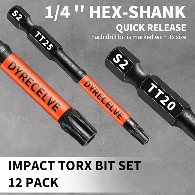 12-Pack Impact Security Torx Bit Set (T5-T40) 3-Inch Long, S2 Steel, Professional Tamper Proof Star Bits Set, with 1/4" Hex Shank, Magnetic & High Torque for Automotive/Electronics/DIY