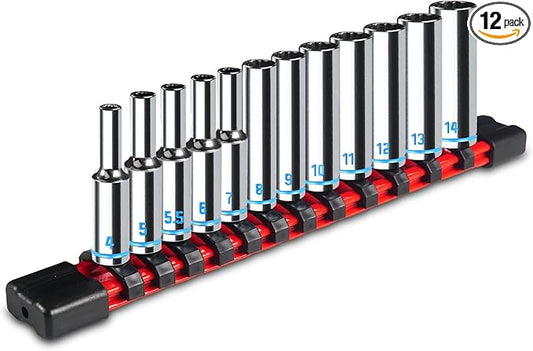 1/4" Drive Deep Socket Set, 12PCS Metric Socket Set (4-14mm), 12-Point Design, Blue Embossed Marking, Equipped with Storage Holder, Chrome Vanadium Steel