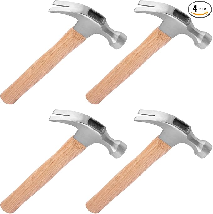 4 Pack 16 Ounce Claw Hammer with Wooden Handle, Durable Forged Steel Heads, Wooden Claw Hammer, Nail Hammer for Carpentry, Framing, Demolition & More