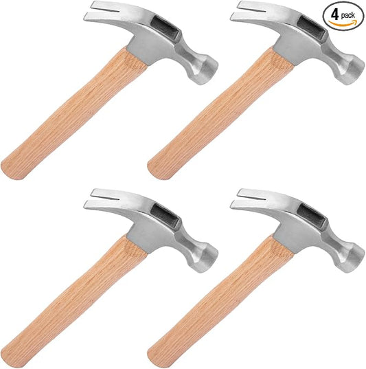 4 Pack 16 Ounce Claw Hammer with Wooden Handle, Durable Forged Steel Heads, Wooden Claw Hammer, Nail Hammer for Carpentry, Framing, Demolition & More