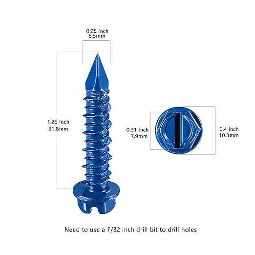 Wensilon(100 PCS) 1/4" * 1-1/4" Slotted Hex Concrete Screws Anchor Blue Hexagon Head for Anchoring to Masonry, Block or Brick Stucco