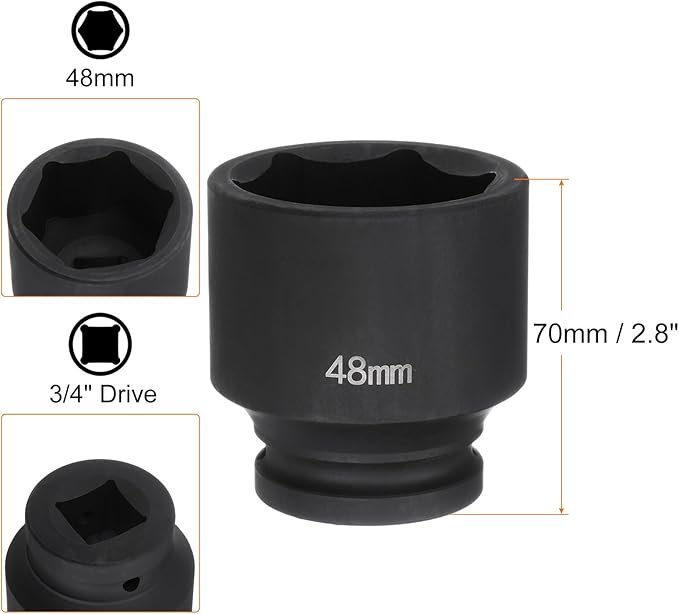 HARFINGTON 6-Point Impact Socket 3/4" Drive 48mm Metric 40Cr Alloy Steel Spindle Axle Nut Impact Socket