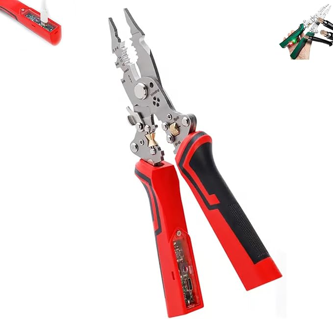 16 in 1 Wire Stripper Twister for Cutting and Pulling Wires, Cable Scissors, Voltage Tester Pliers, 12V to 250V Live, Professional Wire Stripper Electrical Pliers (Red)