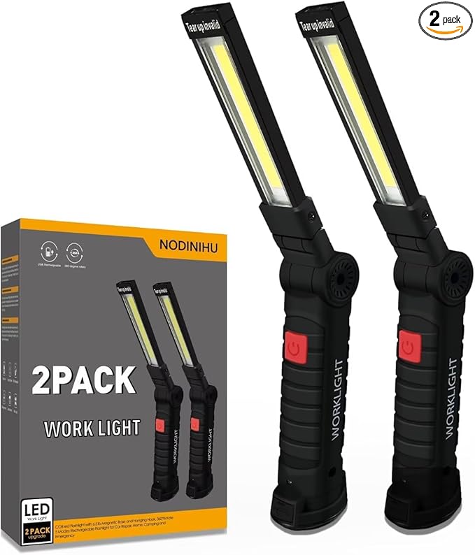 Working Light Portable, Rechargeable Work Lights with Magnetic Base Hanging Hook,360째 Rotate 5 Modes,COB LED 800 Lumens Foldable Inspection Light for Car Repair, Grill and Outdoor Use(2pack)