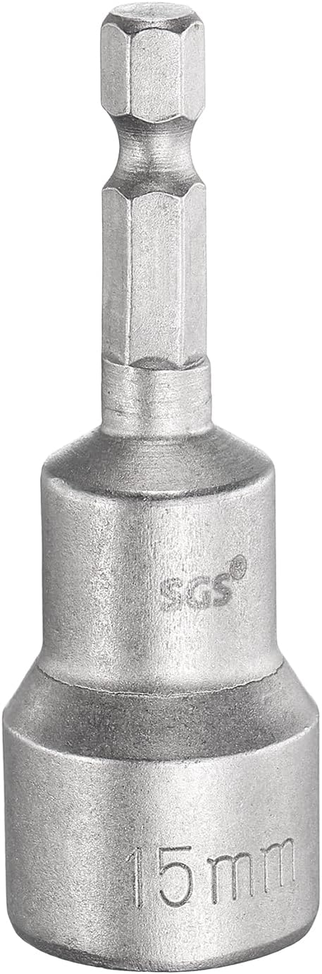 HARFINGTON Nut Driver Drill Bit 15mm Metric Socket 1/4" Hex Shank 2.56" (65mm) Long Magnetic 6-Point Sockets Quick Change CR-V Steel Bolt Setters for Power Drill Drivers