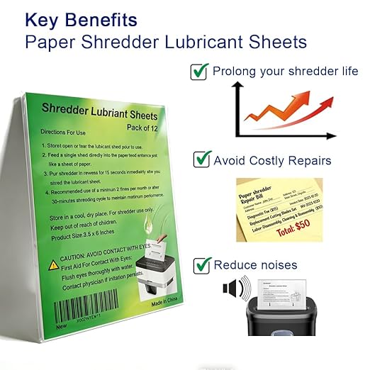 Paper Shredder Lubricant Sheets with Shredder Oil for Blades Sharpening, Reduce Jam(12PACK)