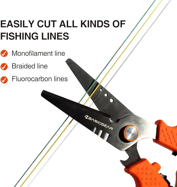 BasicGear Fishing Multi-Tool Scissors ??Titanium-Coated, Stainless Steel, Multi-Tool Cutter with Hook Adjuster, Screwdriver, Bottle Opener, Sheath & Non-Slip Grip for Saltwater or Freshwater Use