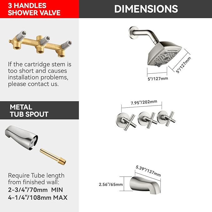 3 Handle Shower Faucet Set with Tub Spout 6-Spray Shower Head and Handle Set Shower Trim Kit with Rough-in Valve Bathroom Shower Faucet Valve Trim Kit Shower System Brushed Nickel