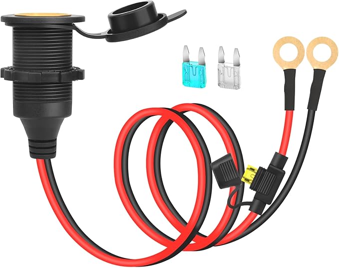 3FT 12V/24V Fixed Thread Cigarette Lighter Socket Extension Cable Automotive Marine Waterproof Outlet Socket Replacement 13AWG Heavy Duty Cable With spare fuse 20a 30a