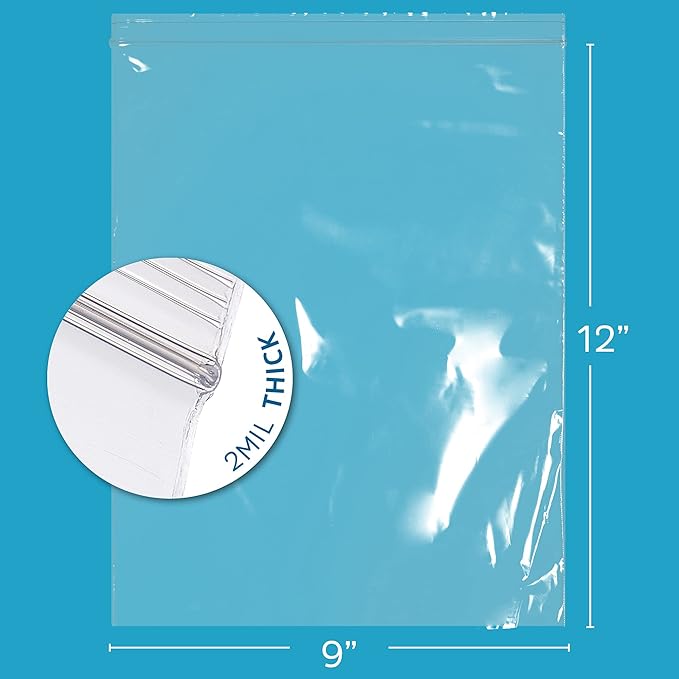 GPI - 9" x 12" Zip Bags, 200 Count, 2 Mil, Clear Plastic Reclosable Zipper Poly Baggies, with Resealable Zip Top Lock. for A4 Letter Size Paper, Apparel, Clothing, Food, Home & Office Supplies.