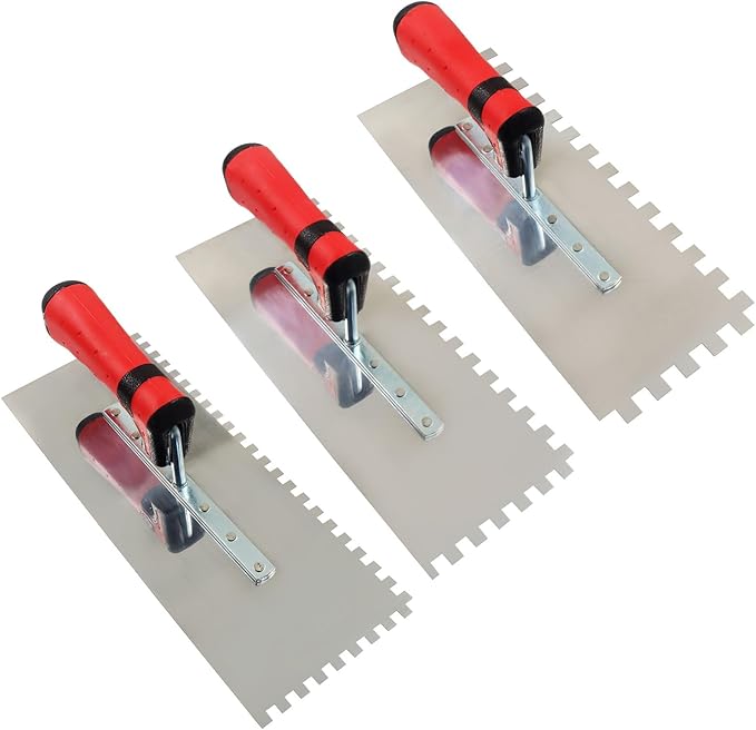 3Pcs Stainless Steel Square Notched Trowel Set with Soft Grip Handle, Tile Tools for Masonry Tile Work(6/25Inch, 5/16Inch,2/5Inch)