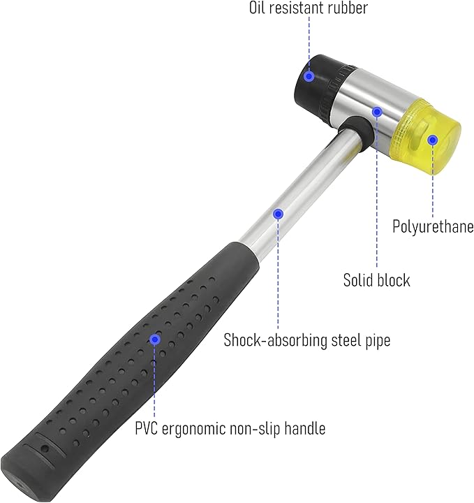 45mm 25oz Double-Faced Rubber Hammer with 4 Soft/Hard Tips Mallet Non-Slip Grip for Leather Crafts, Woodworking and Flooring Installation（Black and Yellow）