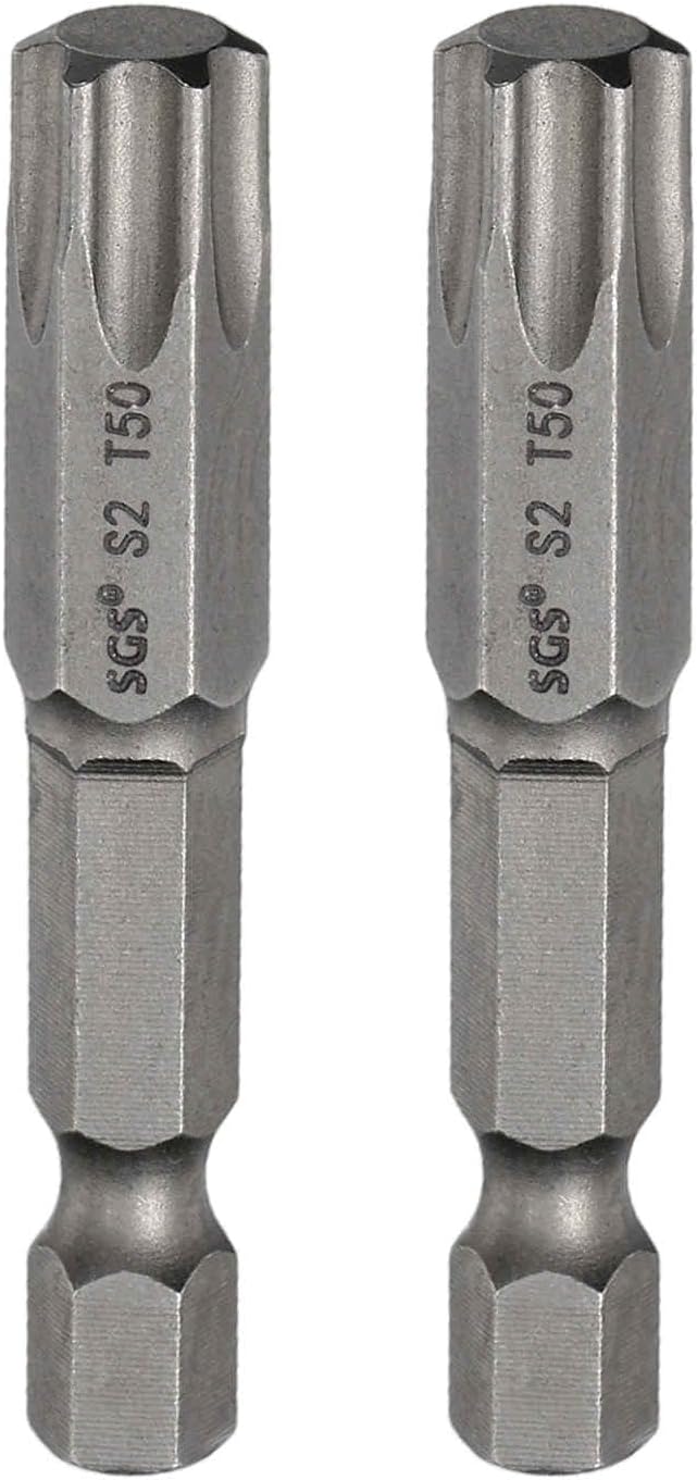 HARFINGTON 2pcs T50 Torx Head Screwdriver Bit 1/4" Hex Shank 2" (50mm) Long Magnetic No Hole Tip Tamper Proof 6 Point Star Screw Driver Drill Bits S2 Steel Industrial Power Screwdrivers