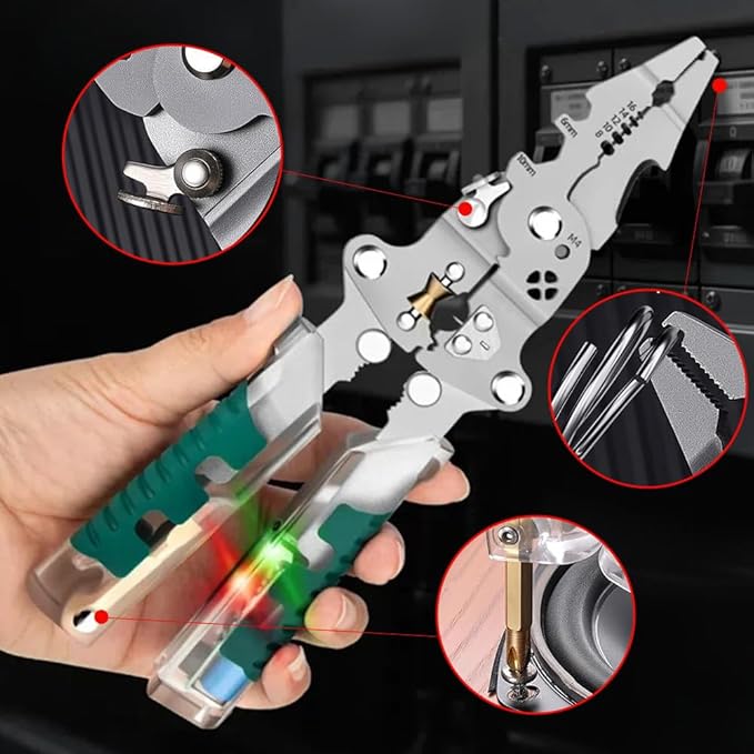 Saker 18-in-1 Folding Electrician Pliers, Multi-Function Professional Wire Stripper Tool with Voltage Tester Light, Built-In Screwdriver and Cable Hook Knife, Compact Electrical Pliers for Home DIY
