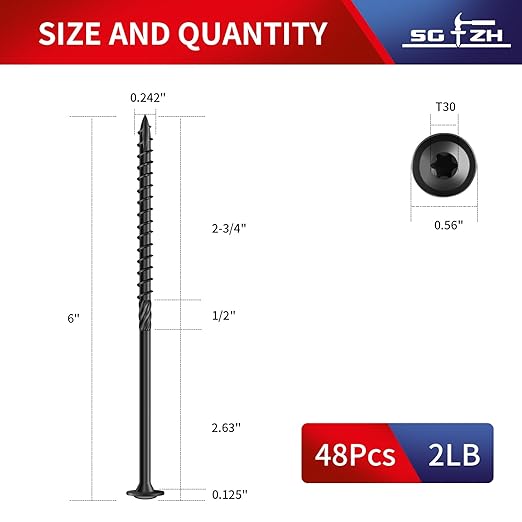 #14 x 6 Inch Lag Screws (48Pcs) 2lb. Structural Wood Screw, Black, Carbon Steel, Washer Head, Rust Resistant epoxy Coated, T30 Star Bit