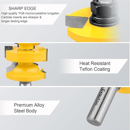 Exqutoo 1/2 Inch Shank 3 Piece Router Extension Tenon Drill Bit Set for Entry Door Rails and Door Frame Wood Milling Cutter Door