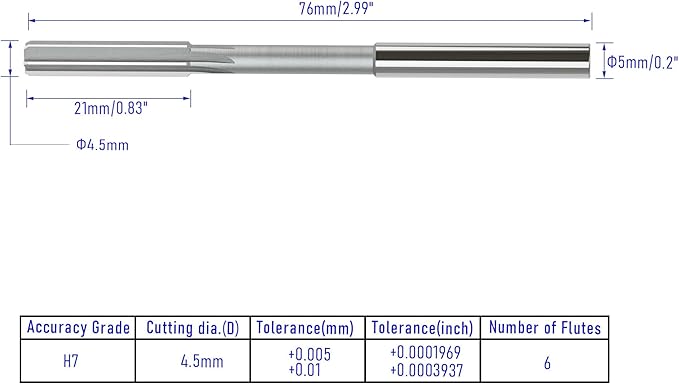 Chucking Reamer 4.5mm, H7 HSS Cobalt M35 Lathe Machine Reamer Metric, 6 Straight Flutes, Round Straight Shank Milling Cutting Tool, for Stainless Steel Alloy Copper Metal
