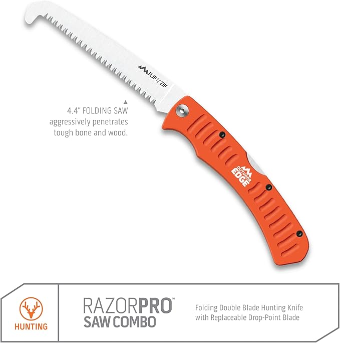 OUTDOOR EDGE RazorPro Double Blade Hunting Knife with Flip N??Zip Bone Saw ??Folding Knife with Gutting Blade & Replaceable RazorSafe Skinning Edge, Includes Camo Nylon Sheath