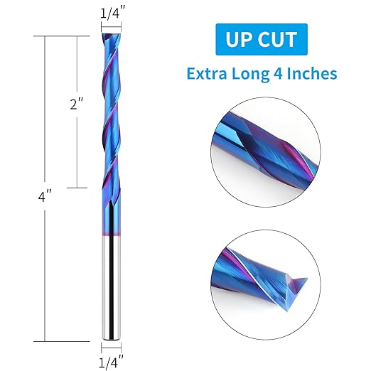 Extra Long 4 Inch Upcut Spiral Router Bit 1/4 Inch Shank, 1/4 Inch Cutting Diameter, Solid Carbide with NACO Coating CNC Router Bits End Mill for Wood Cut, Trimming, Carving