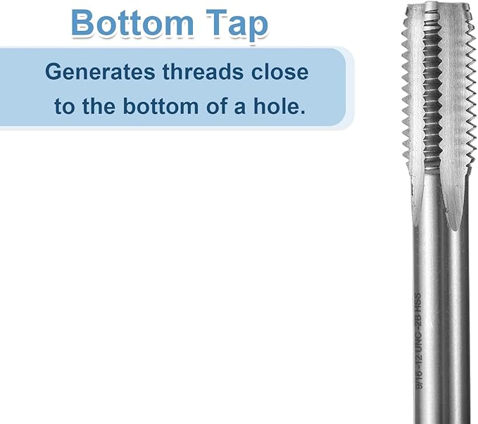 uxcell Hand Bottom Tap 9/16-12 UNC 2B Thread Bottoming Style Threading Taps High Speed Steel HSS6542 Straight Flutes Screw Tapping Tool