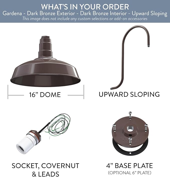 Steel Lighting Co. | Dusk to Dawn | Gardena Barn Light | Outdoor Wall Mounted | 16" Dome | Upslope Gooseneck | Farmhouse Light Made in America | Dark Bronze/Dark Bronze