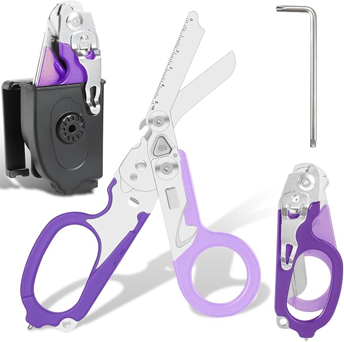 Multi Tool 6 in 1 Emergency Response EMT Shears With Holster竊똕tainless Steel Foldable Trauma Shears with Strap Cutter and Glass Breaker, Outdoor Camping Tools (Purple)