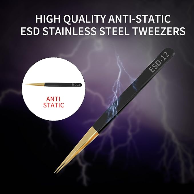 4pcs ESD-12 black and gold high-end tweezers, anti-static tweezers, stainless steel tweezers, card box packaging