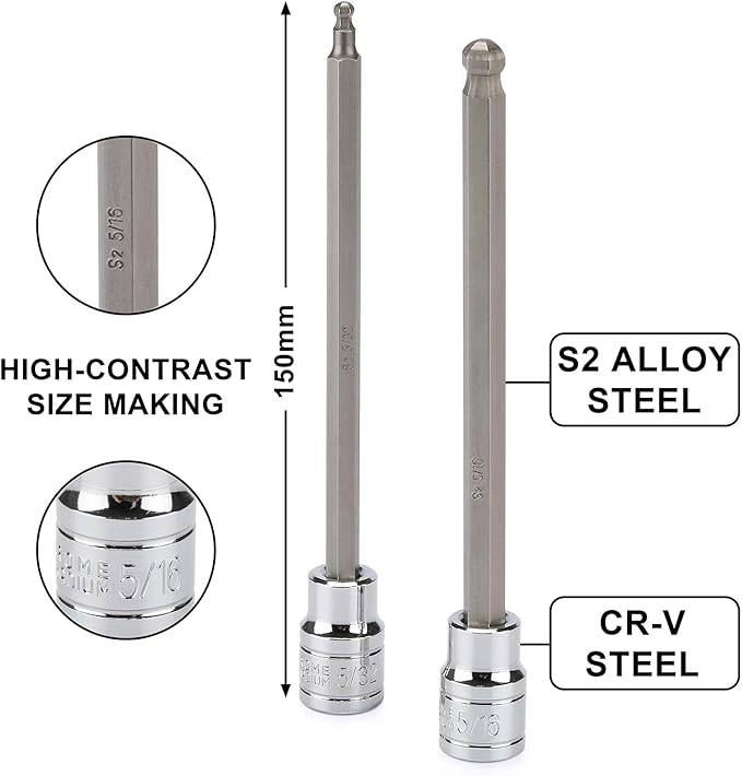 EMENTOL 18PCS 3/8" Drive Long Ball-End Hex Bit Socket Set, CR-V, S2 Steel, SAE/Metric, Extra Long Allen Bit Socket Set, 1/8 Inch - 3/8 Inch, 3mm - 10mm