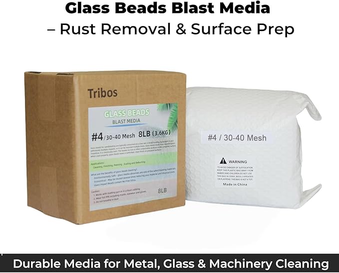 Glass Bead Media for Sandblasting ??8LB Non-Silica Reusable Blasting Abrasive for Rust Removal & Surface Finishing ??Multiple Mesh Options (# 4 (30~40Mesh))