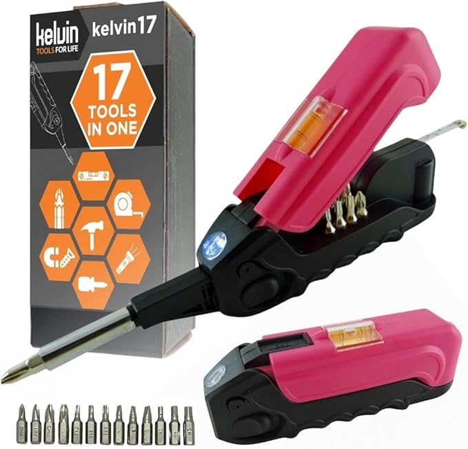 Kelvin Tools - Kelvin 17 Urban Screwdriver Set, All in One Everyday Multitool Screwdriver, Multi-Tip, Compact & Universal Precision, 13 Bit Set with Tape Measure, Liquid Level, Hammer and Flashlight