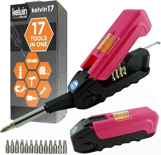 Kelvin Tools - Kelvin 17 Urban Screwdriver Set, All in One Everyday Multitool Screwdriver, Multi-Tip, Compact & Universal Precision, 13 Bit Set with Tape Measure, Liquid Level, Hammer and Flashlight