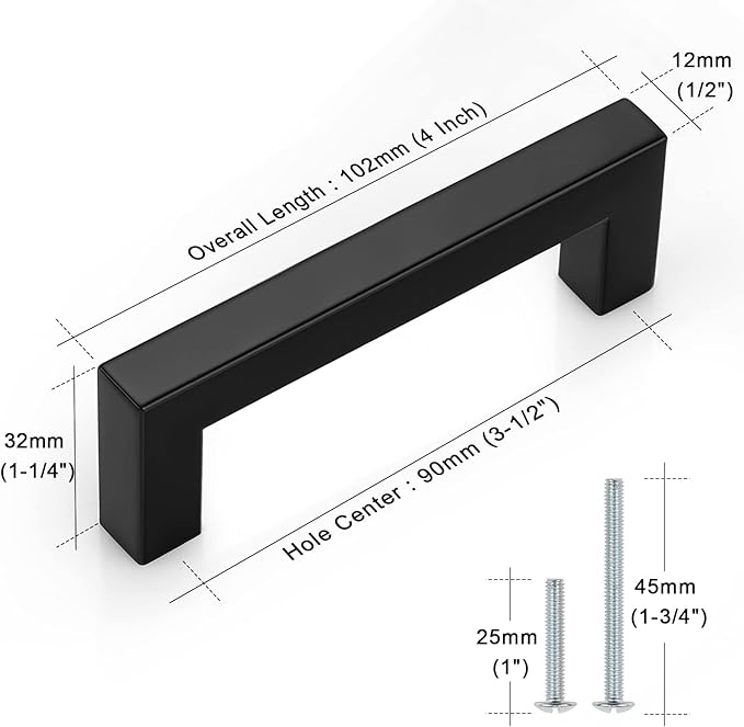 Probrico (5 Pack) Matte Black Square Cabinet Pulls 3-1/2 Inch(90mm) Hole Center Modern Kitchen Cabinet Hardware 4 inch(102mm) Overall Length Stainless Steel Drawer Handles
