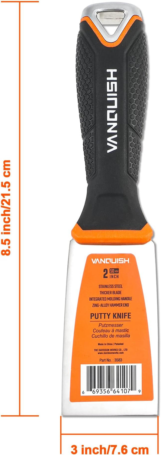 VANQUISH Stainless Steel Putty Knife, 2 Inch Paint Scraper with Soft Grip Handle and Metal Hammer End for Drywall Spackle, Taping, Scraping Paint 3583