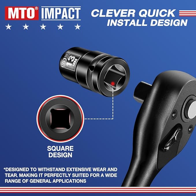 MTO 1/2" Drive 13mm Shallow Impact Socket, 6-Point Metric Socket for Automotive Maintaince, CR-V Steel Meets ANSI Standards