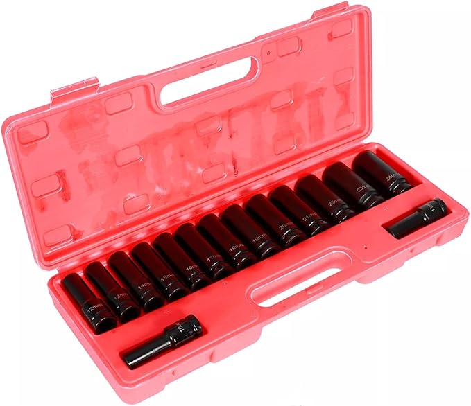 15 Pieces 1/2 Inch Drive Deep 6 Point Metric Impact Socket Set (10-24 mm), 4883 with Storage Case