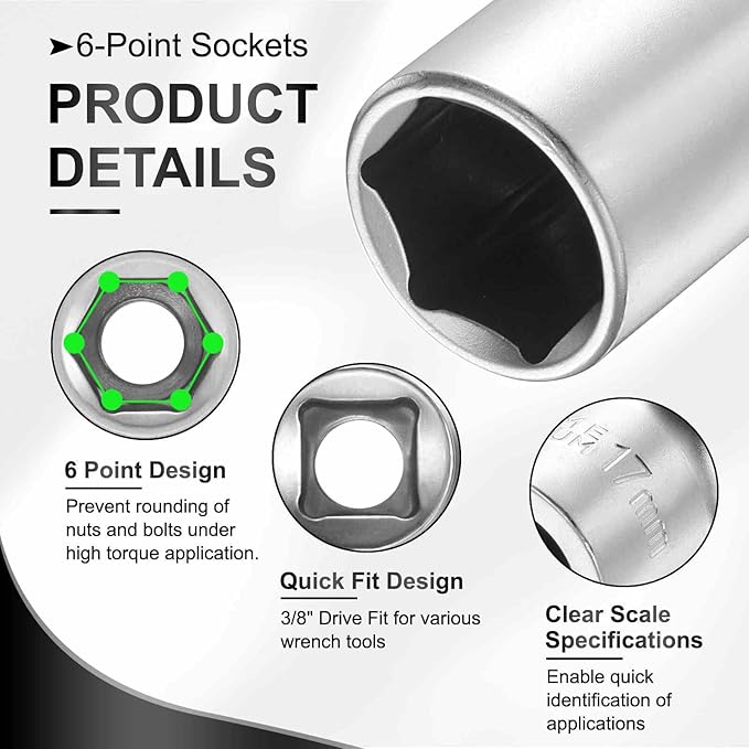 HARFINGTON 2pcs 6 Points Deep Socket 3/8" Drive 17mm Deep Metric CR-V Steel Polished Nickel Plating Flip Sleeve 120mm / 4.7" Extra Long Socket Tool for Home Auto Nuts Bolts Repair