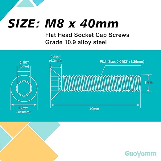 M8-1.25 x 40mm 15PCS Flat Head Hex Socket Cap Screws, Countersunk Bolts, 10.9 Grade Alloy Steel, Black Oxide Finish, Metric Allen Drive, Fully Threaded