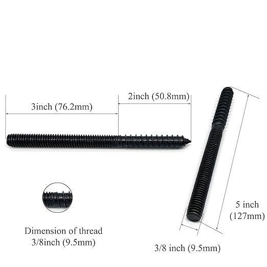 8 Pack 3/8-16 x 5 Inch Black Hanger Bolts 3/8-16" Double Headed Bolts 3/8 Wood Dowel Screw Self-Tapping Screw Hanger Bolts for Furniture Screws Double Screw Threaded Rods Bolt 127mm Length