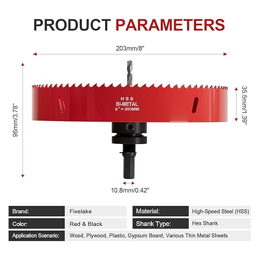 8" (203mm) Bi-Metal M42 High Speed Steel Hole Saw with Pilot Drill Bit, Smooth Cutting Edge for PVC, Drywall, Wood, Plastic, Gypsum Board, Rubber, Thin Metal