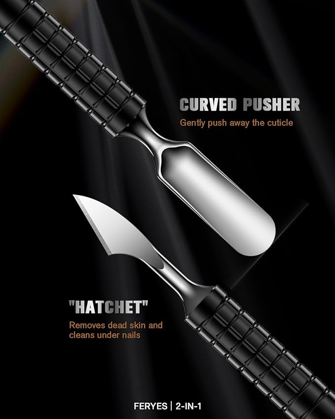 FERYES Upgraded Dual Head Cuticle Pusher Remover Tool - Curved & Chisel Edge Stainless Steel, Ergonomic Non-Slip Handle for Professional Salon & Home Manicure Nail-Black
